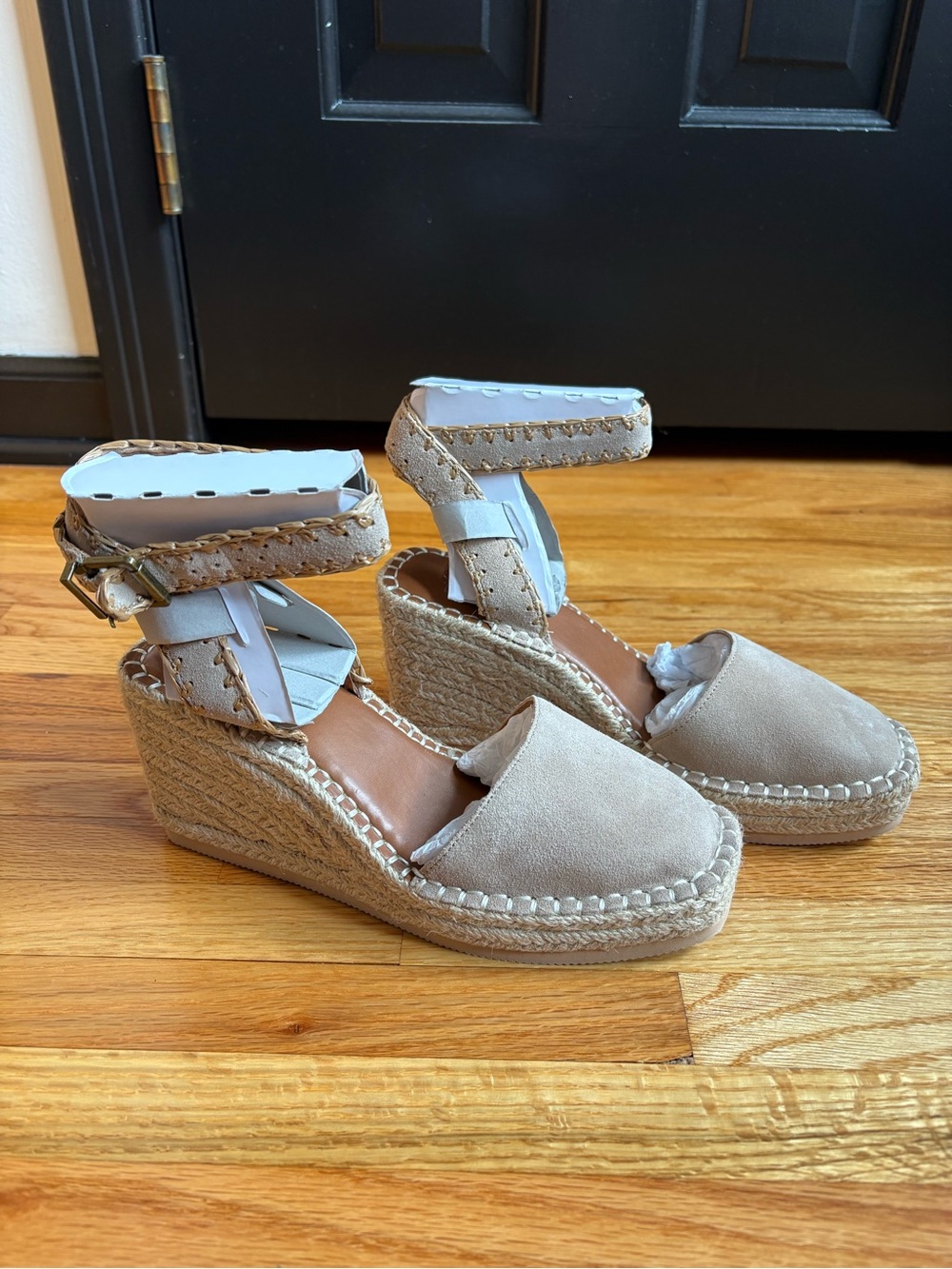 Crown Vintage Beige Wedge Espadrille Sandals with Ankle Strap